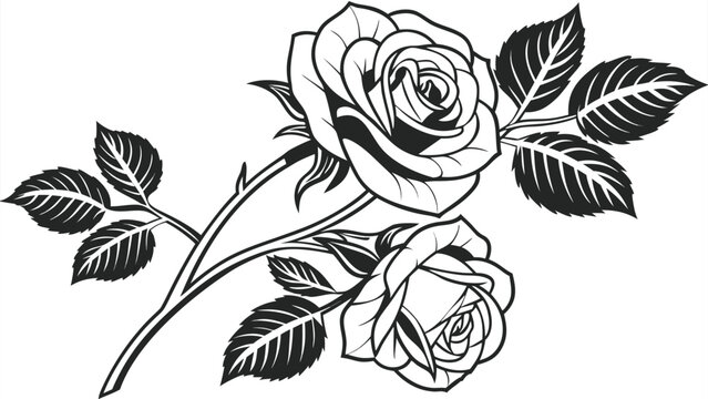 Vector illustration of two roses and leaves on a branch in black and white with blooming, botanical