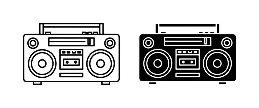 Retro Boombox Line Art and Solid Silhouette Icons
