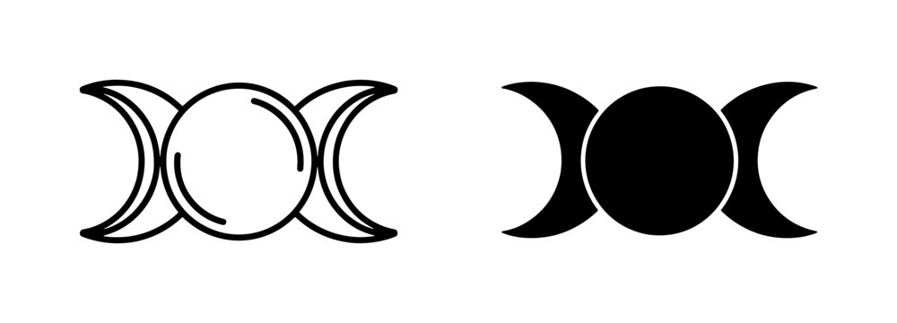 Triple Goddess Moon Symbol Set in Outline and Solid Style