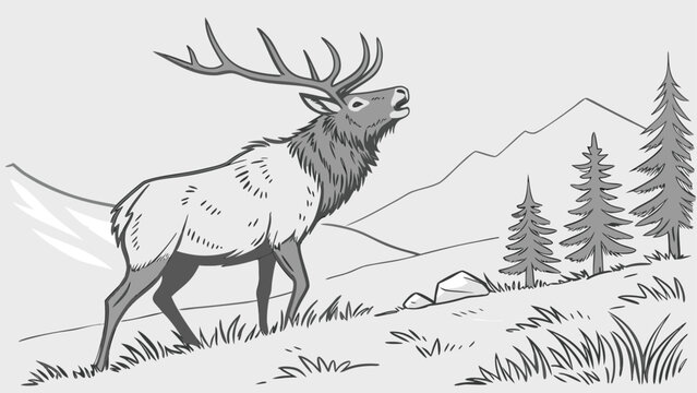 Vector illustration of an elk calling in a mountainous landscape with illustration wildlife mountain