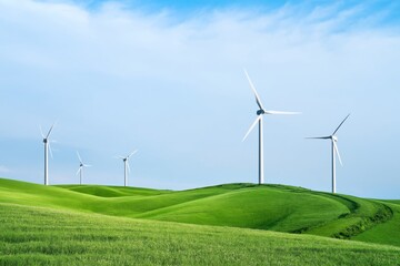 Fototapeta premium Wind Turbines Spinning on Green Hills Under a Blue Sky During the Day