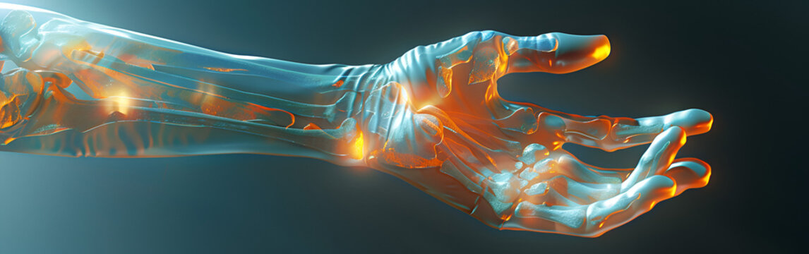 Human hand skeleton with glowing orange pain points