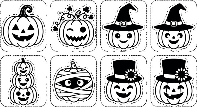 Black and white halloween pumpkin faces with witch hats and mummy wrap vector art