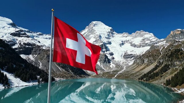 Swiss flag waving proudly against snow-covered alps and turquoise alpine lake switzerland mountain glacier