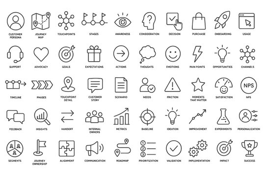 Business icons representing customer experience and strategy concepts.