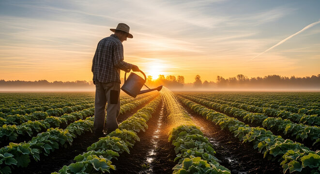 A worker celebrates Labour Day by tending to a vast field of crops at sunrise, marking Workers' Day with a serene moment of watering plants.