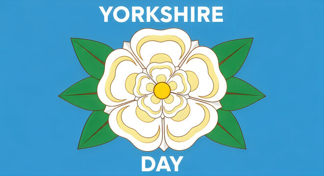 Yorkshire day celebration with the white rose of york symbol on blue background