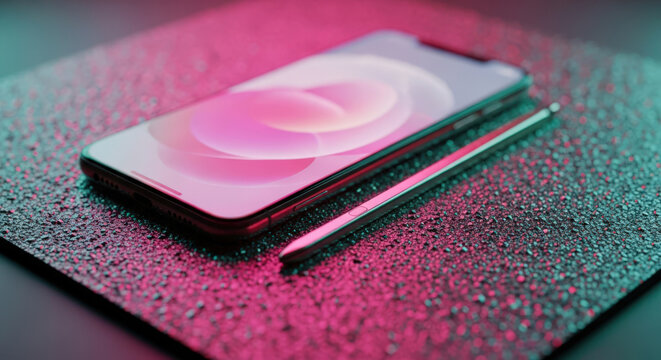 Sleek Smartphone and Stylus on a Wet Surface with Dramatic Lighting, Emphasizing Modern Technology and Design in a Contemporary Setting