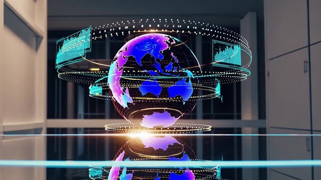 Dynamic holographic display. Immersive hologram environment presenting realtime globe updates. Engaging three dimensional holographic setup illustrating live geographic data variations interactively