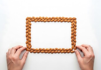 Obraz premium Rectangular frame made of almond nuts with copy space and hands
