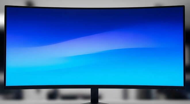 Ultrawide computer display presents a vibrant blue gradient background on a stand