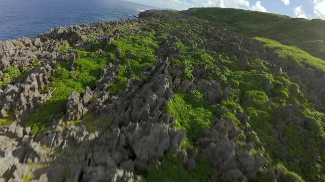 FPV Drone Flying Over Volcanic Coast and Waves in Niue