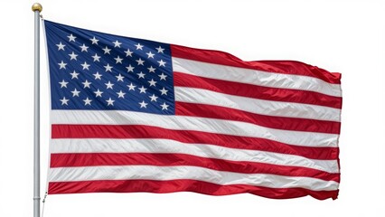 Fototapeta premium American Flag Waving on Flagpole Isolated on White Background - USA Stars and Stripes