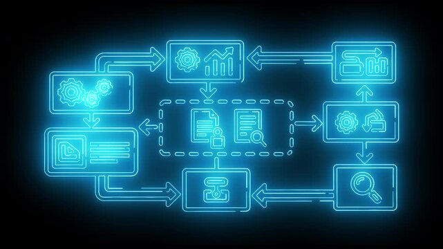 Neon-lit flowchart diagram with glowing blue icons and arrows on a dark background