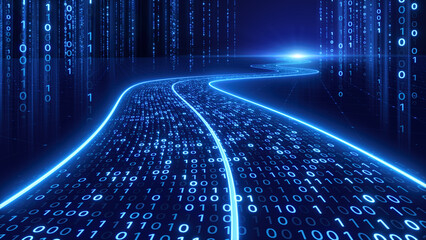 Sreaming data, binary data moving on a digital road - Digital Code road, ai, artificial intelligence concept - 3d illustration © Sashkin