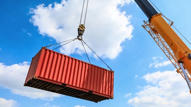 A red shipping container is being lifted by a crane against a blue sky with white clouds. The scene illustrates logistics and transportation.