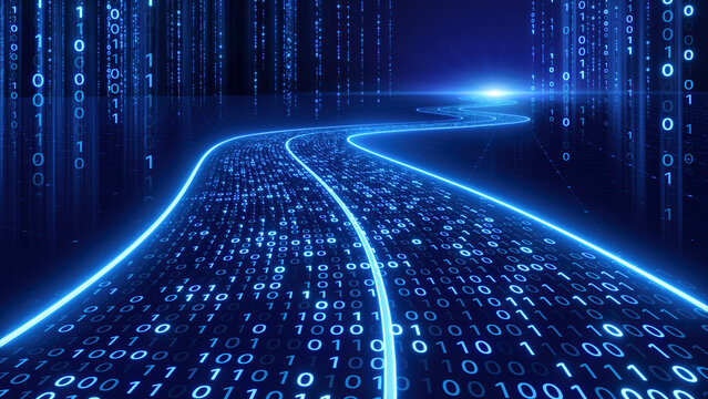 Sreaming data, binary data moving on a digital road - Digital Code road, ai, artificial intelligence concept - 3d illustration