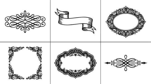 Black and white vintage ornamental borders and ribbon vector art set