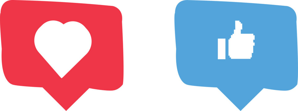 Social media icons like and love buttons isolated on white background for digital communication and online feedback