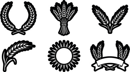 Fototapeta premium Black wheat ear wreaths and sheaf vector art icons set