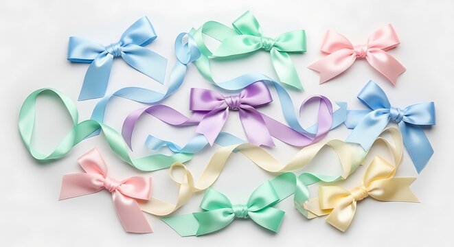 Assortment of pastel colored satin bows scattered across a bright white surface