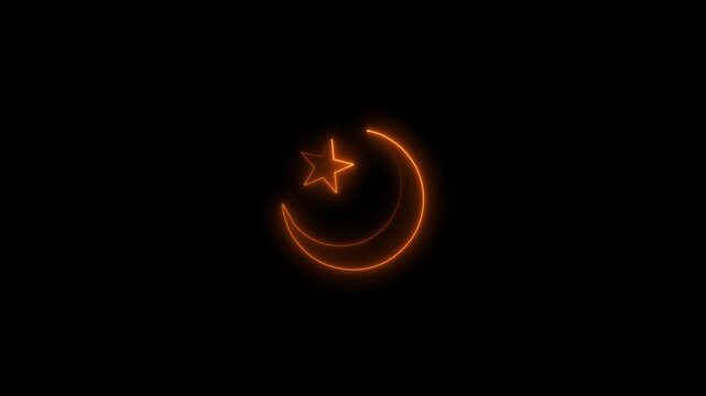 Neon glowing red color star and crescent sign icon animation black background