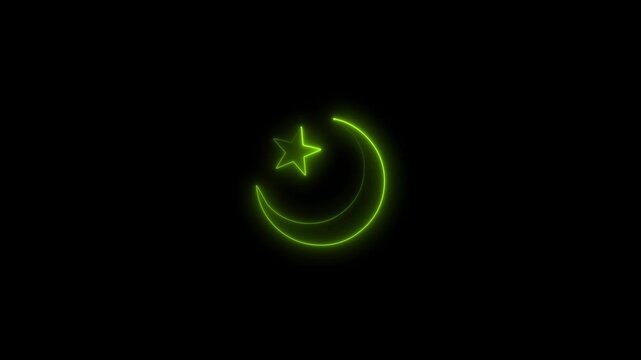 Neon glowing green color star and crescent sign icon animation black background