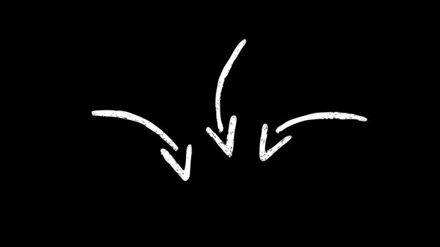 Three white, hand-drawn doodle arrows pointing downward in a sketchy style. The animation is loopable and set against a black background.