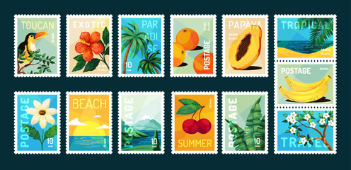 Collection of tropical travel postage stamps in flat retro illustration style. Toucan, hibiscus, palm, papaya and beach scenes on teal background. Perfect for travel, packaging, summer branding projec