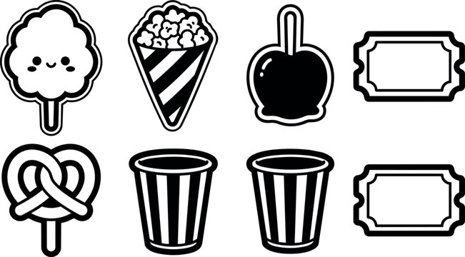 Black and white cute carnival snacks cotton candy popcorn caramel apple pretzel tickets vector art