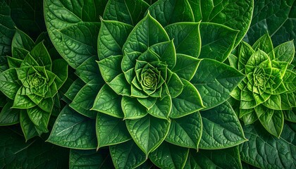 Fototapeta premium A stunning close up shot featuring a vibrant collection of symmetrical green leaves arranged in a beautiful natural geometric mandala pattern.