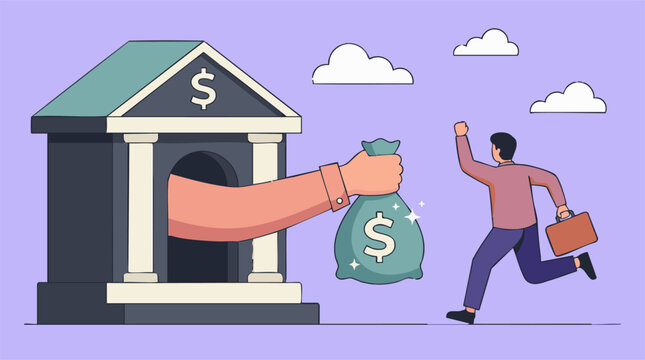 Man running happily with money from bank, symbolizing financial freedom