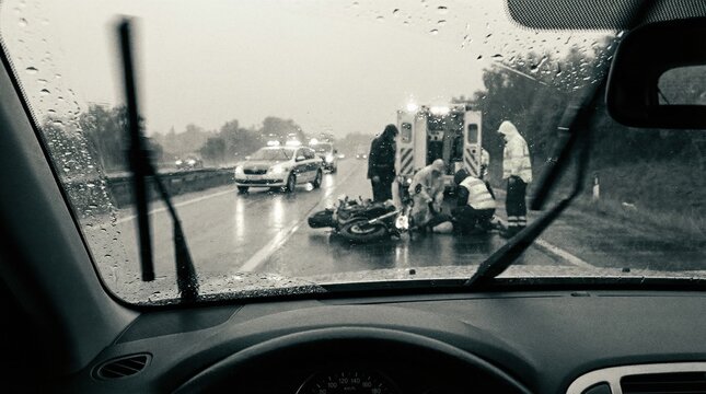 Emergency responders assist victim after motorcycle crash on wet road. Viewed from car interior during rain. Serious atmosphere. Useful for news, safety campaigns, or insurance articles.
