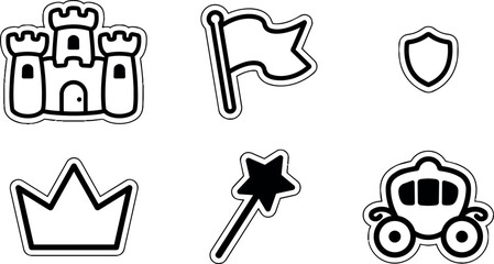 Naklejka premium Black and white castle crown shield flag magic wand and carriage vector icons