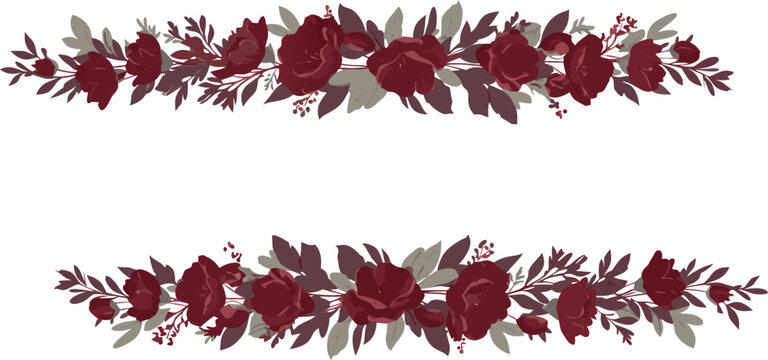 Red and green leafy garland border on white background with two rows of foliage