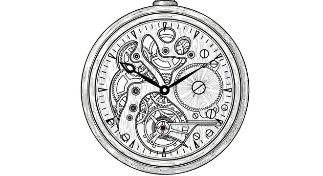 Intricate mechanical pocket watch illustration featuring detailed clockwork gears and skeleton movement mechanism isolated on a clean white background for design