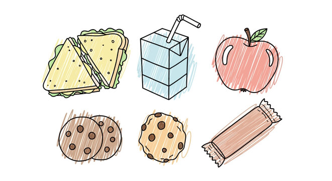 Colorful illustration of sandwich juice box apple cookies and candy for healthy and junk food concepts