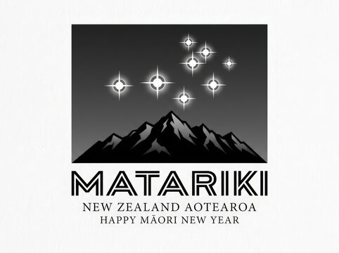 Matariki new zealand aotearoa with mountain silhouette and seven star cluster