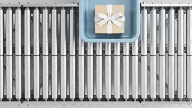 Aerial view of a conveyor belt with a blue tray holding a wrapped gift box. The scene represents logistics and delivery services.