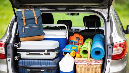 Fototapeta premium A packed car trunk filled with luggage, a cooler, a toy truck, yoga mats, and a picnic basket. Ideal for family trips and outdoor activities.