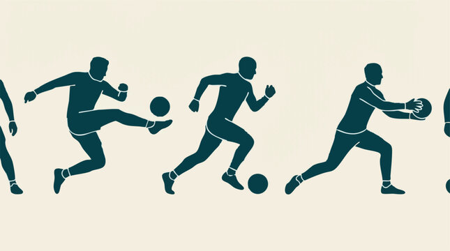 Silhouettes of soccer players in various action poses and movements