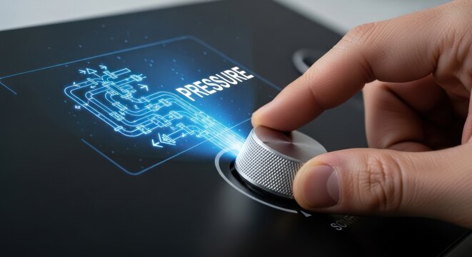 Hand turning metallic dial on high-tech control panel to adjust system pressure, for industrial management, technological precision, power to regulate complex processes