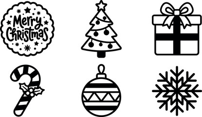 Naklejka premium Black and white christmas icons with tree candy cane gift and snowflake