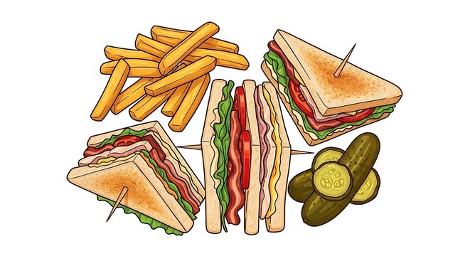 A vector illustration of a club sandwich, fries, and pickles on a white background