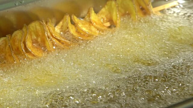 French Fries Cooking in Hot Oil, Close-Up of Potato Sticks Frying in Deep Fryer