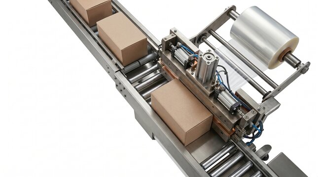 Automated machine wrapping brown cardboard box on conveyor belt. Industrial packaging process in warehouse. System for delivery and shipping business logistics. Production line technology.