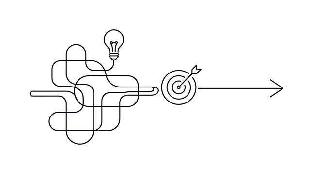 Simplifying complex decisions and filtering out unnecessary options in a fast paced professional environment, a continuous line forming many branching paths that smoothly