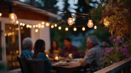 Naklejka premium Multigenerational Hispanic family gathered on a porch for a May evening meal, string lights above, warm amber glow, wide establishing shot