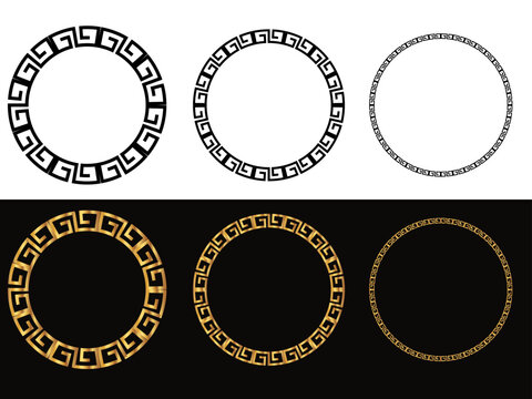 circular greek key ornamental frames collection in gold and black elegant round border design with meander pattern
