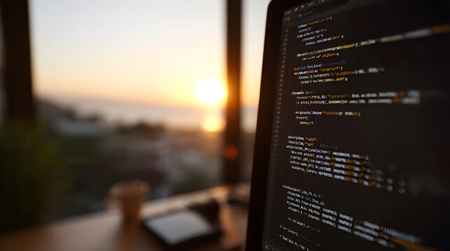Writing code on a laptop displaying programming text against the warm diffused light of a sunset view